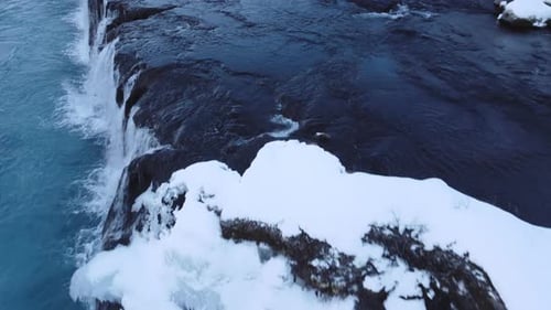 Winter Waterfall Snow River Ice Iceland Frozen Cold Water Blue Aerial Landscape
