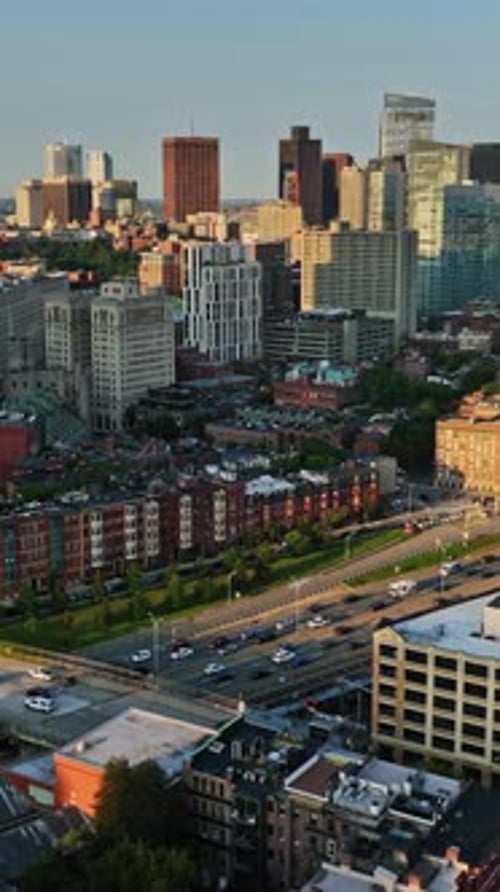 Aerial view of Boston skyline showcasing urban landscape and traffic