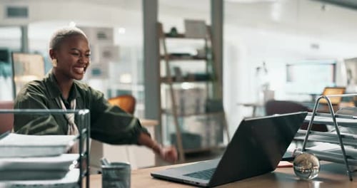 Happy, black woman and winning with laptop in celebration for promotion, dancing or prize at office