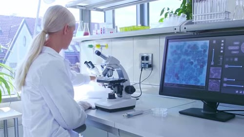 Scientist Uses Microscope in Bright Modern Laboratory