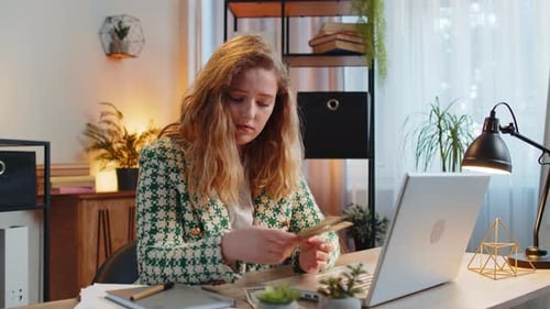Business Woman Freelancer Counting Cash Insufficient Amount of Money Financial Crisis Bankruptcy