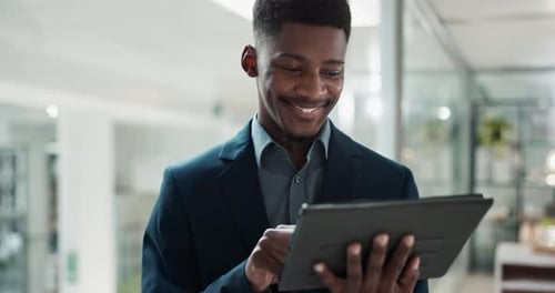 Tablet, networking and businessman in the office typing a message on the internet or research