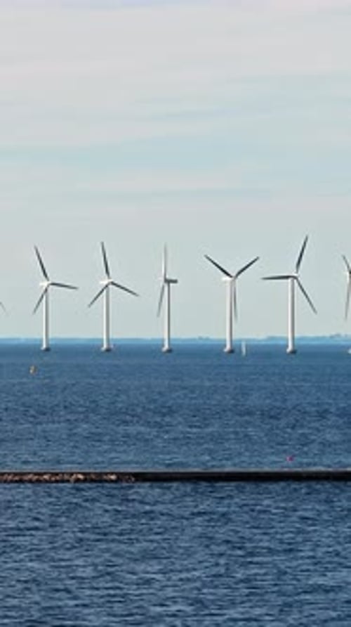 Aerial drone view of the Middelgrunden wind farm outside Copenhagen, Denmark. Vertical