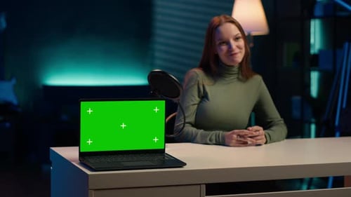 Tech Expert Presenting Chroma Key Isolated Screen Laptop