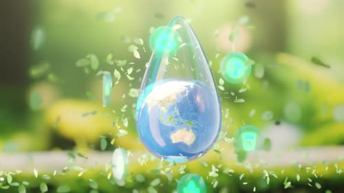 Earth in Water Droplet Surrounded by Green Leaves