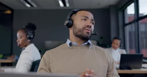 Call center, talking and man, consultant or agent for telemarketing communication