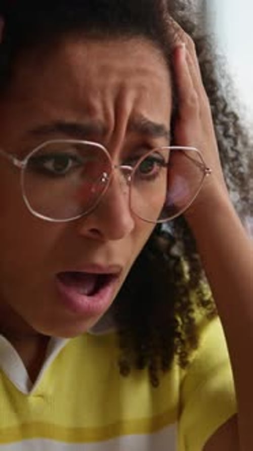 Overload African American Girl Student Looking in Laptop Holding Head Migraine Headache Studying
