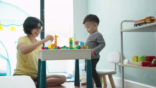 Woman and Child Playing with Colorful Blocks at Table