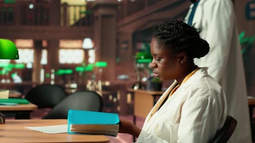 Black Medical Student Reading Healthcare Books at the Campus Library