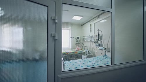 Modern hospital room with two beds. Intensive care unit. Empty clean reanimation room