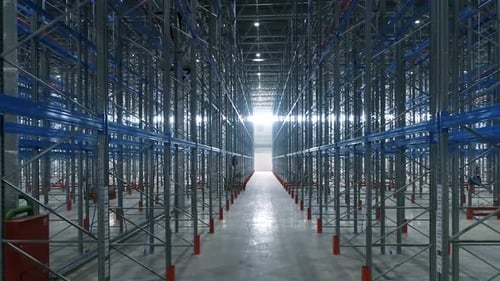 Large Industrial Warehouse Storage Racks With Steel Framework And Multilevel Aisles