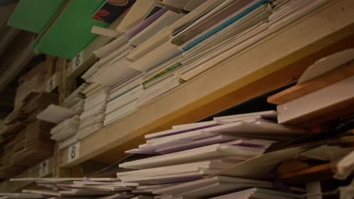 Paperboard On Wooden Shelves In Workshop