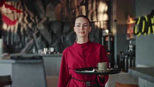 Eine Kellnerin in roter Uniform hält ein Tablett mit Tasse und Untertasse in einem modernen Restaurant in der Hand The