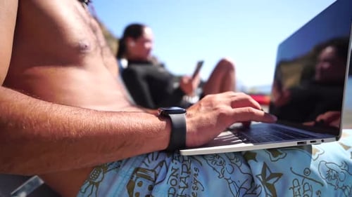 Man Laptop Sea Working Remotely on Seashore Happy Successful Man Male Freelancer Working on Laptop
