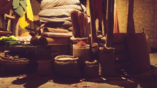 Old Exotic Market with Spices and Flickering Light