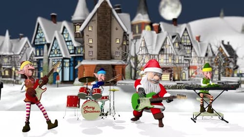 Funny Santa Claus and Elfs Play Musical Instruments in