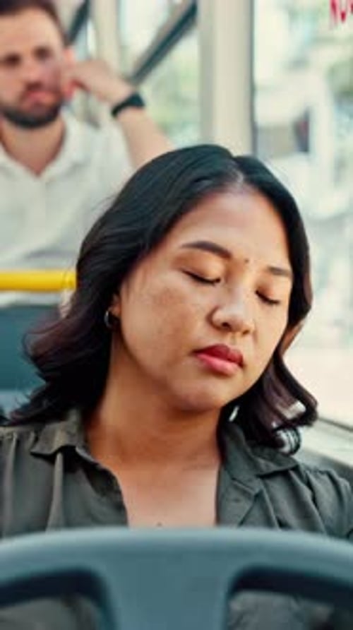 Fatigue, commute or woman on bus with sleep, exhausted or nap in town travel