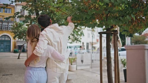 Carefree Pair Embracing City Walk Back View Travelling Romantic Lovers Hugging