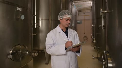 Vigneron professionnel contrôlant le processus de fabrication et la qualité du vin dans une usine vinicole