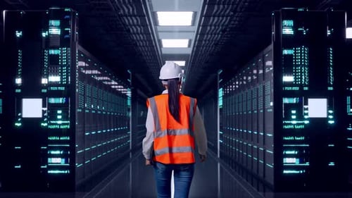 Asian Female Holding Tablet While Walking in Data Center