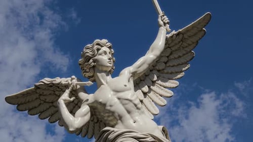 A Striking Statue of an Angel with Wings and a Sword Set Against a Vibrant Blue Sky
