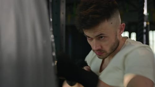 Close Up Caucasian Fighter Boxer Man Training Box Fight Punching Use Sport Equipment Strong