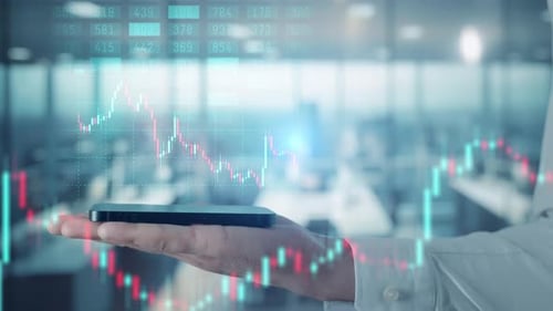 Le trader travaille avec une Appli mobile, un écran de téléphone avec des graphiques boursiers et une analyse de données.