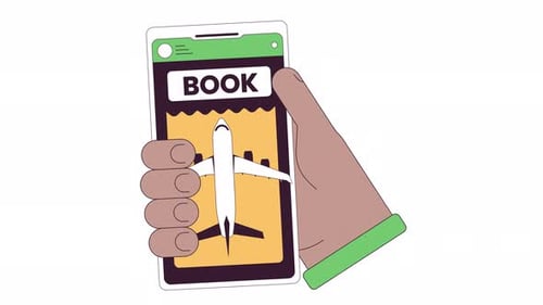 Booking airline ticket on smartphone hand line cartoon animation