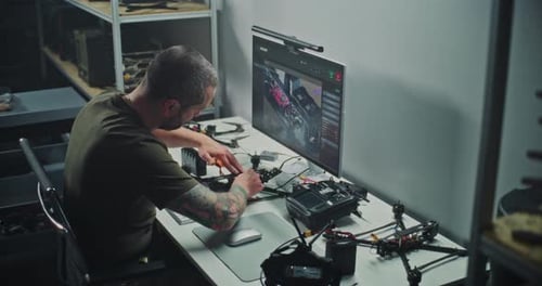 Ingenieur testet FPV-Drohnenelektronik, verbindet Kabel und überprüft Drohnenflugparameter