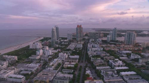 Miami, Florida Circa-2019. Aerial View of Miami Beach at Sunset. From