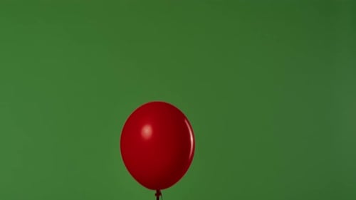 One Red Helium Balloon with Shiny Ribbons Float Upward Against a Green Background with a Chroma Key