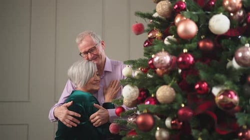 Senior Couple Embracing Next to Christmas Tree