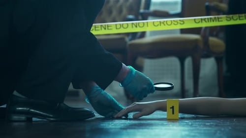 Investigator Examines Evidence at Vintage Crime Scene