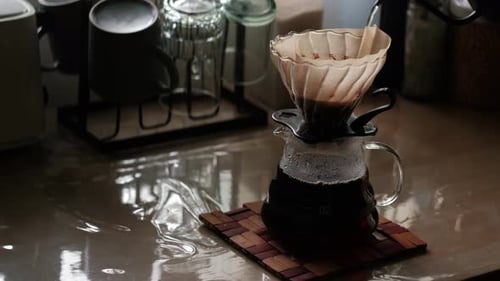 Pour over coffee brewing fresh, hot drink