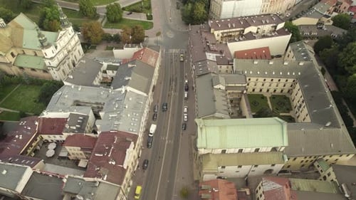Aerial view looking down over beautiful Cracow Poland urban European city street