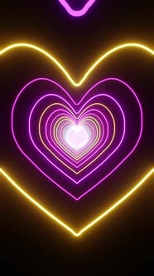 Vertical multicolored neon heart shape tunnel endless loop 3d render. Abstract romantic love