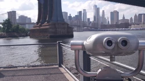 New York City Manhattan Bridge Lookout Tower Viewer Binoculars Waterfront Brooklyn Dumbo USA