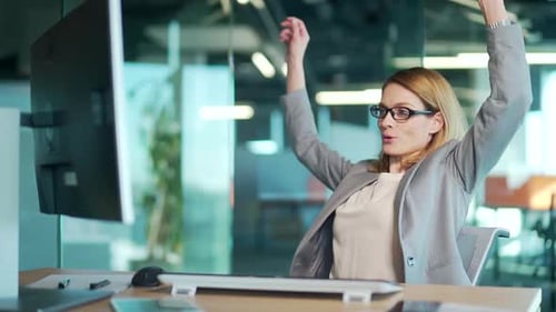 Successful well done work woman office satisfied young business worker finished computer work
