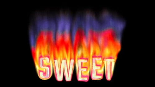 Sweet - Burning text in pixelated retro-styled fire. Loop 3d animation on alpha.