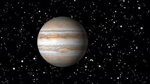 Abstrakter realistischer Jupiterplanet am Himmel. Animation Jupiterplanet und Sternenhintergrund.