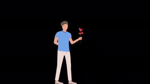 Romantic Young Man Holding Red Flower Alpha Channel