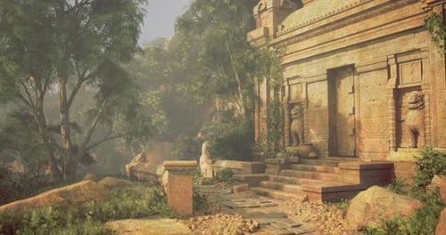 Ruines d'anciens temples entourées d'une végétation luxuriante dans un cadre tranquille