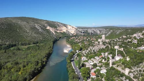 Panoramic Aerial View of the Ancient Town of Pocitelj and the Neretva River in Bosnia and