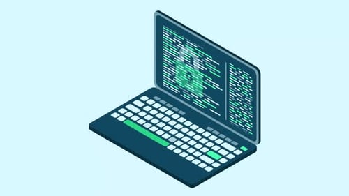 Portátil isométrico con codificación. Ciberseguridad y protección de datos. Ordenador portátil con Código de programación.