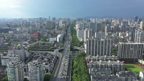 Aerial View of a Bustling City with Modern Skyscrapers Hangzhou China