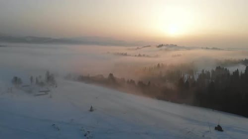 Aerial Drone View to Fog and Clouds Over Carpathian Mountains