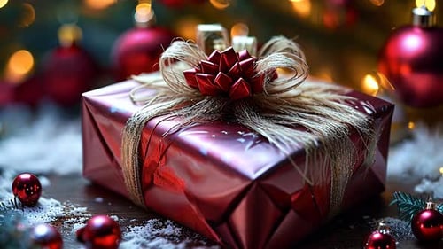 Caixas de presente festivas de Natal com fitas, enfeites e luzes