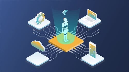 Isometric AI Robot and Technology Network Infographic Animation