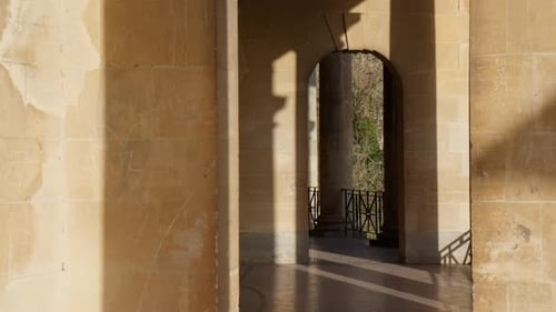 Arch Doorway In The Roman Baths In The Old City Of Bath, England, UK. Static Shot