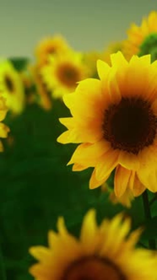 Many Bright Yellow Big Sunflowers in Plantation Fields on Evening Sunset